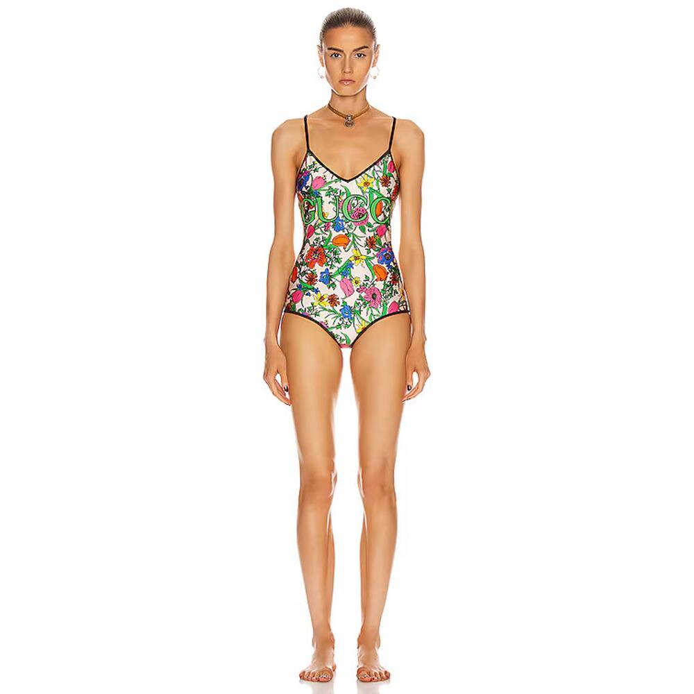 Gucci Floral Print Logo Green Criss Cross One Piece Swimsuit Bathingsuit S Small - Picture 3 of 14